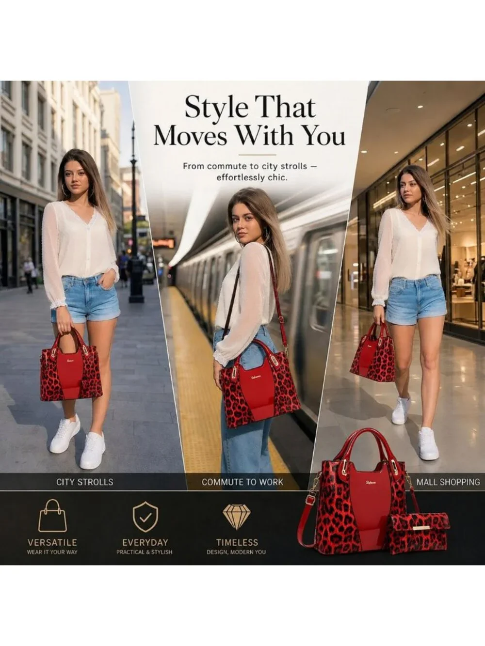 Glossy Leopard Print Tote & Purse Set for Women | Stylish Leather Handbags